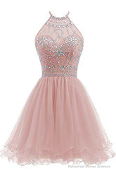 Beaded Halter Homecoming Dress, Short Tulle Dress